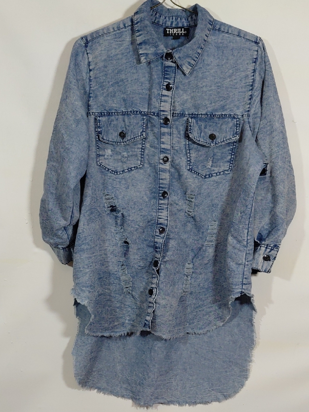 Thrill Light Blue Distressed Denim Shirt Dress
